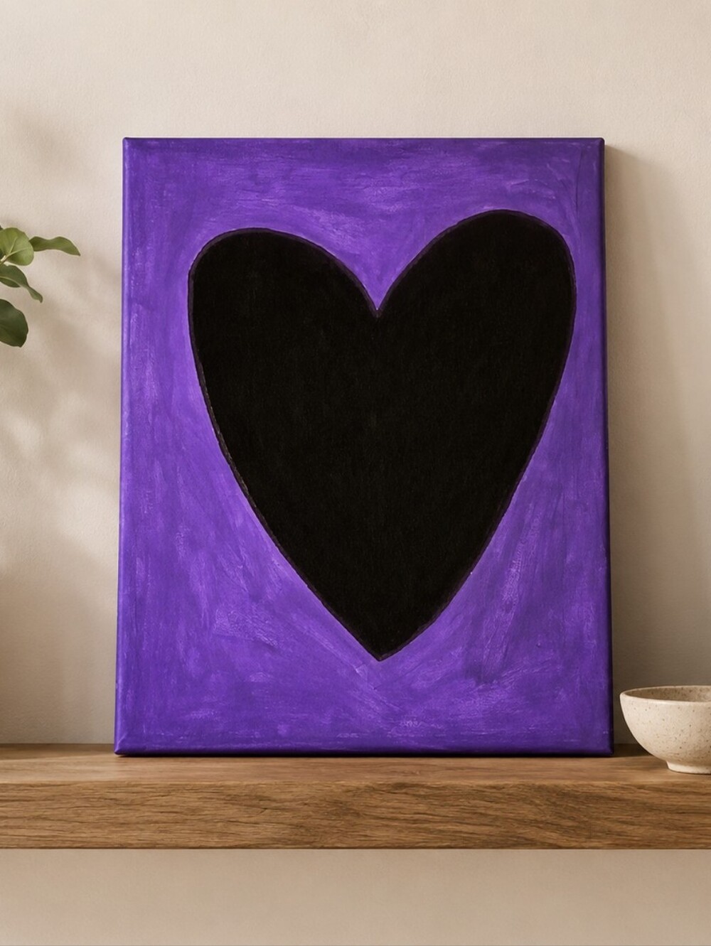Purple Black Heart Acrylic Painting 8x10 Canvas Wall Art Handmade Decor